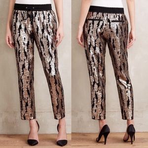 Anthropologie Black and Gold Sequin Cropped Pants XL
